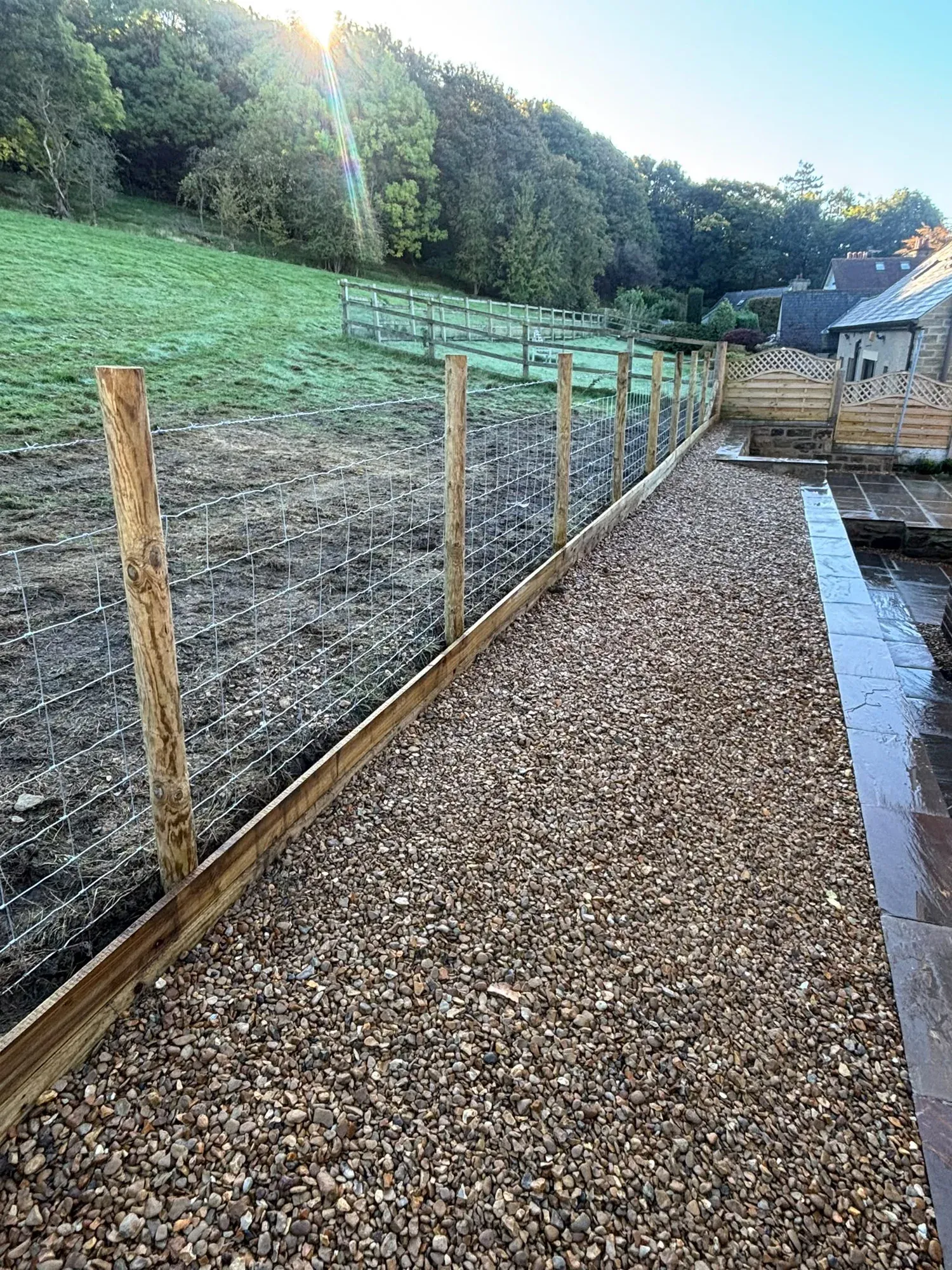 Post wire fence gravel path completed by Crown Hill Contracting